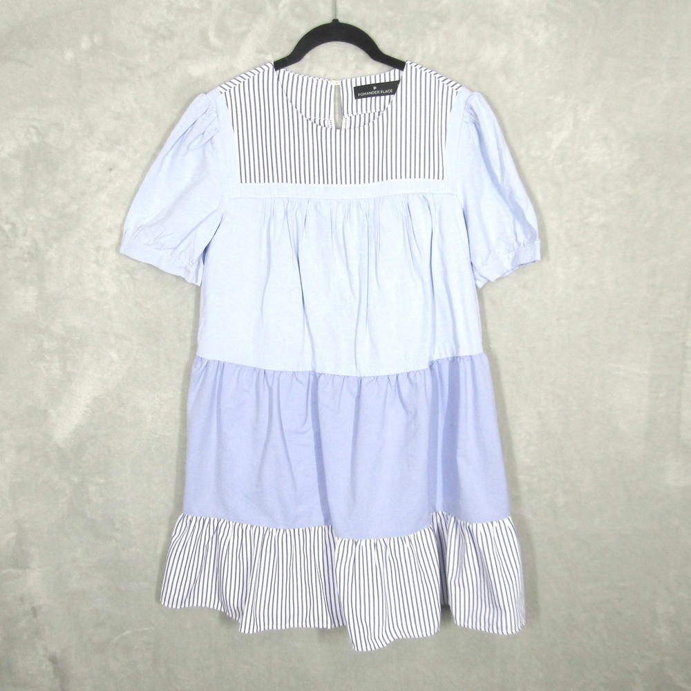 Pomander Place Dress Quinn Women's Medium Blue Striped Tiered Babydoll Mini